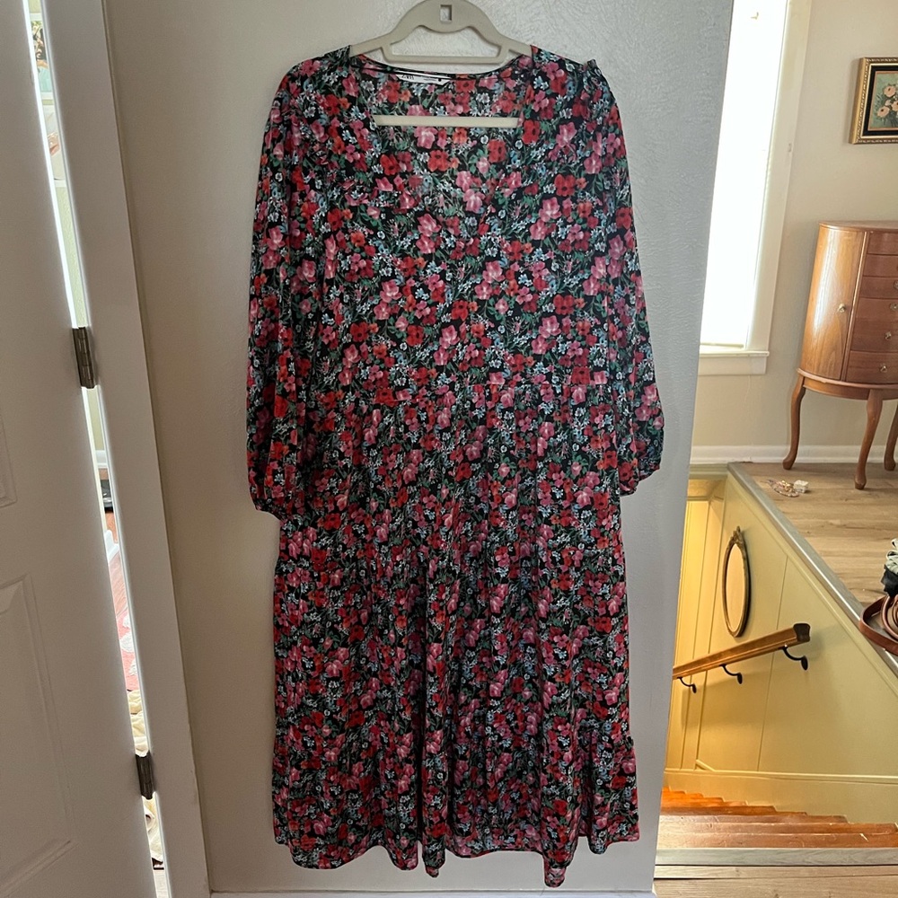 Zara Black and Pink Floral Long Sleeve Dress